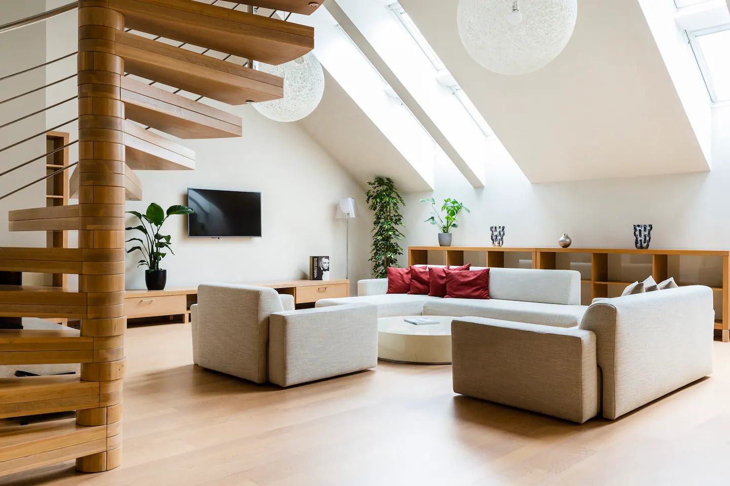 Tulip Residence open-plan living, kitchen and dining area under skylights